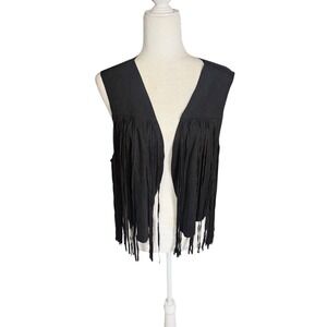 Black Western Fringe Vest Boho Festival Cowgirl Layering Top 2X